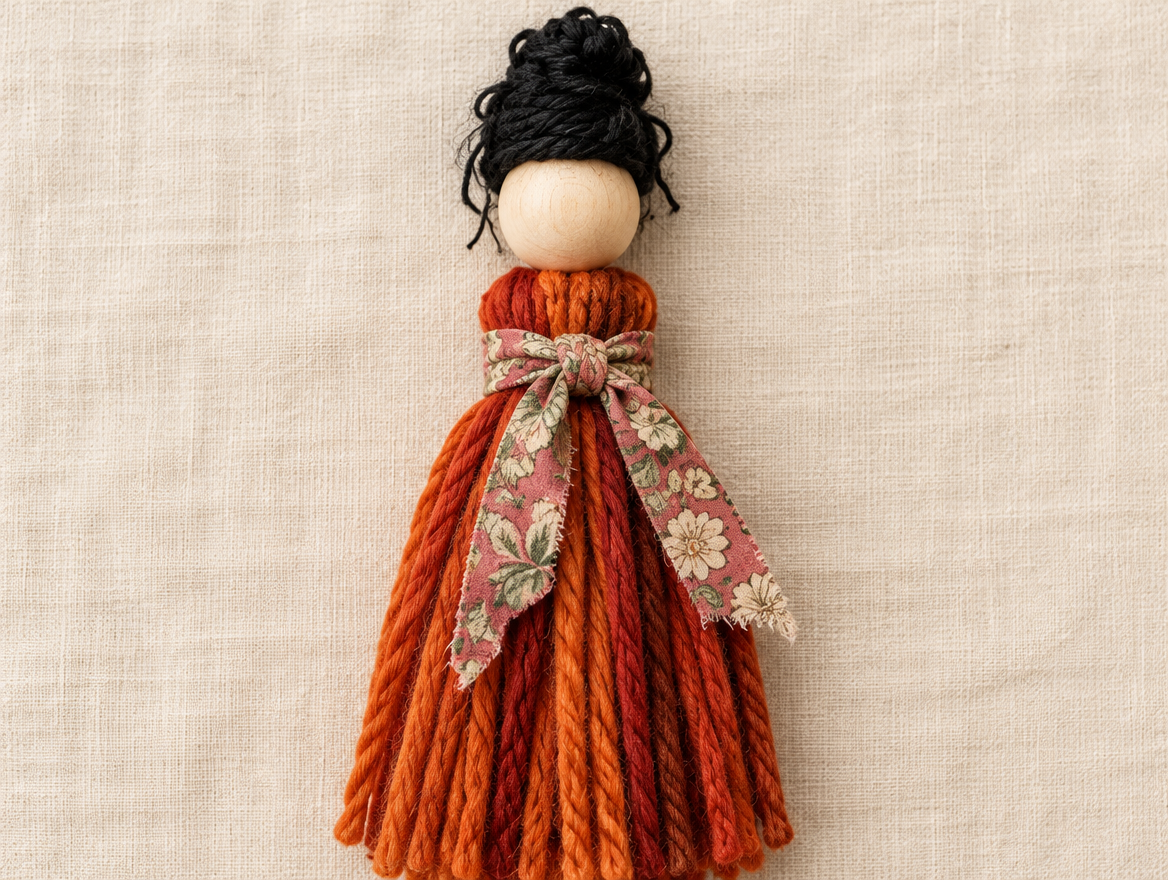 Torn strip of floral fabric tied at the waist of a yarn witch with black hair and a rust orange yarn dress