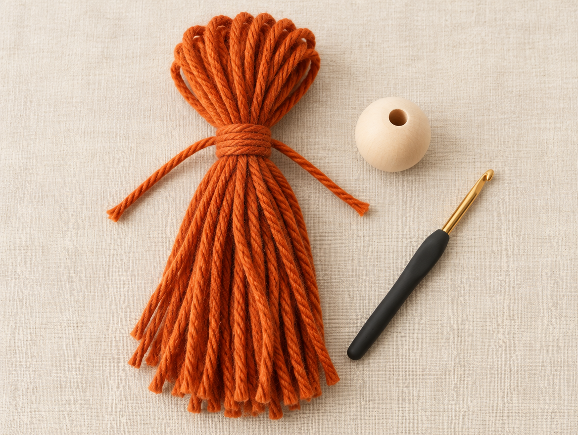 Copper yarn bundle tied at its middle beside a wooden bead and a crochet hook, the first step of making a Hocus Pocus wreath witch