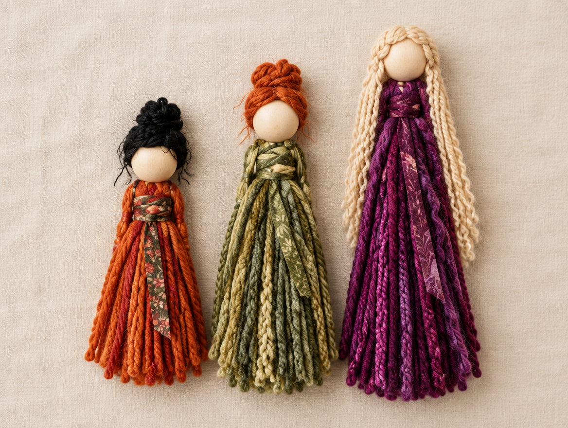 Three finished yarn witches at three different lengths with black, orange, and blonde hair and orange, green, and purple dresses