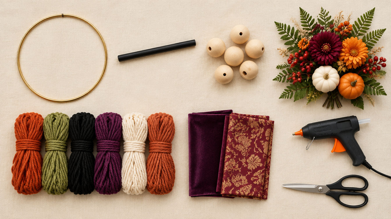 Hocus Pocus wreath supplies laid out flat: gold hoop, wooden dowel, wooden beads, six yarn colors, faux florals and pumpkins, fabric scraps, hot glue gun and scissors