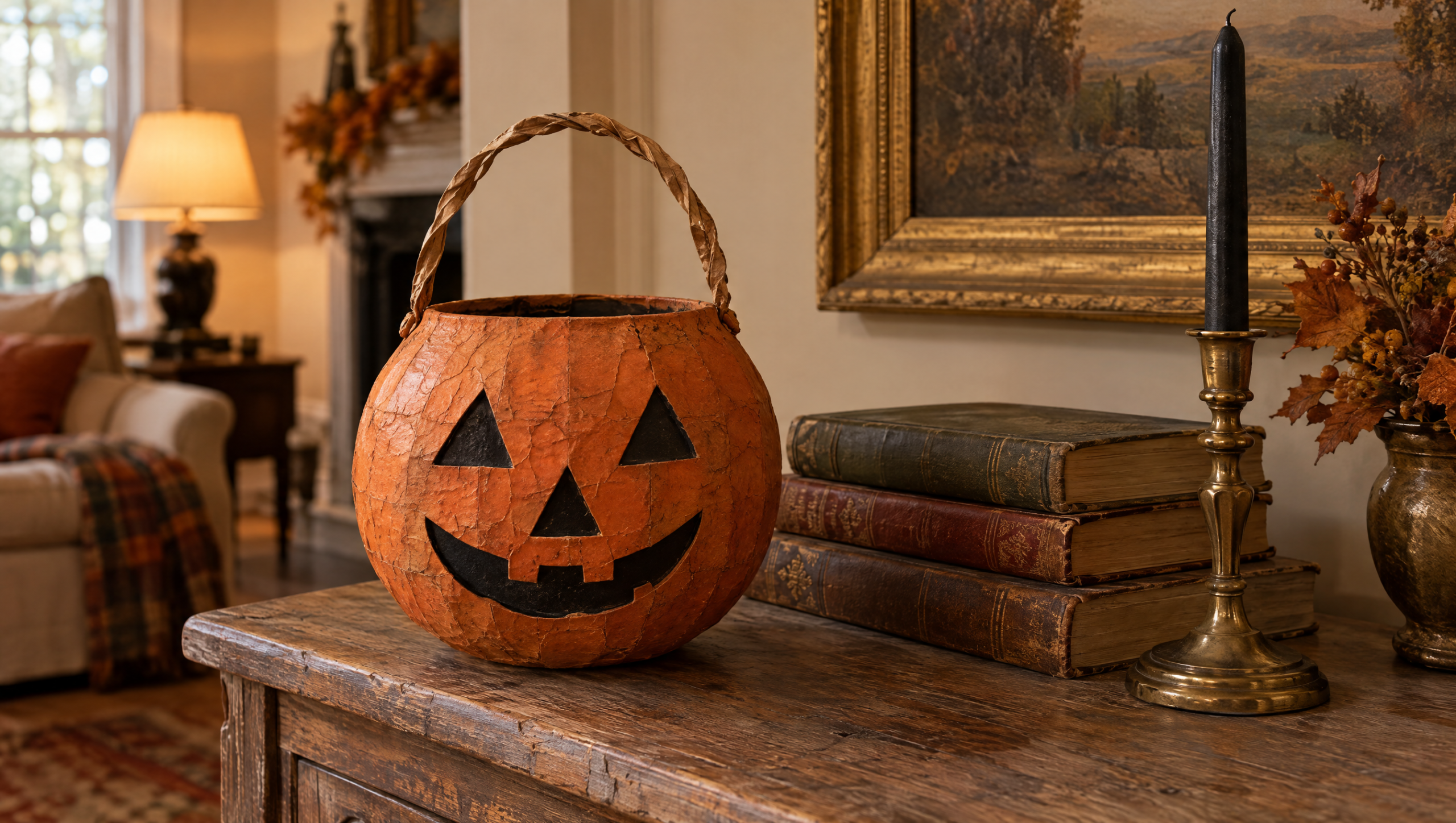 Vintage style papier-mache jack-o-lantern bucket as cute creepy Halloween decor