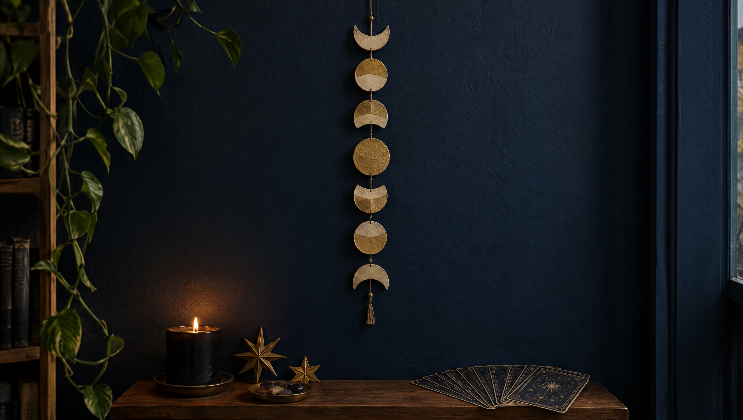 Handmade moon phase garland on a navy wall with candles and tarot cards