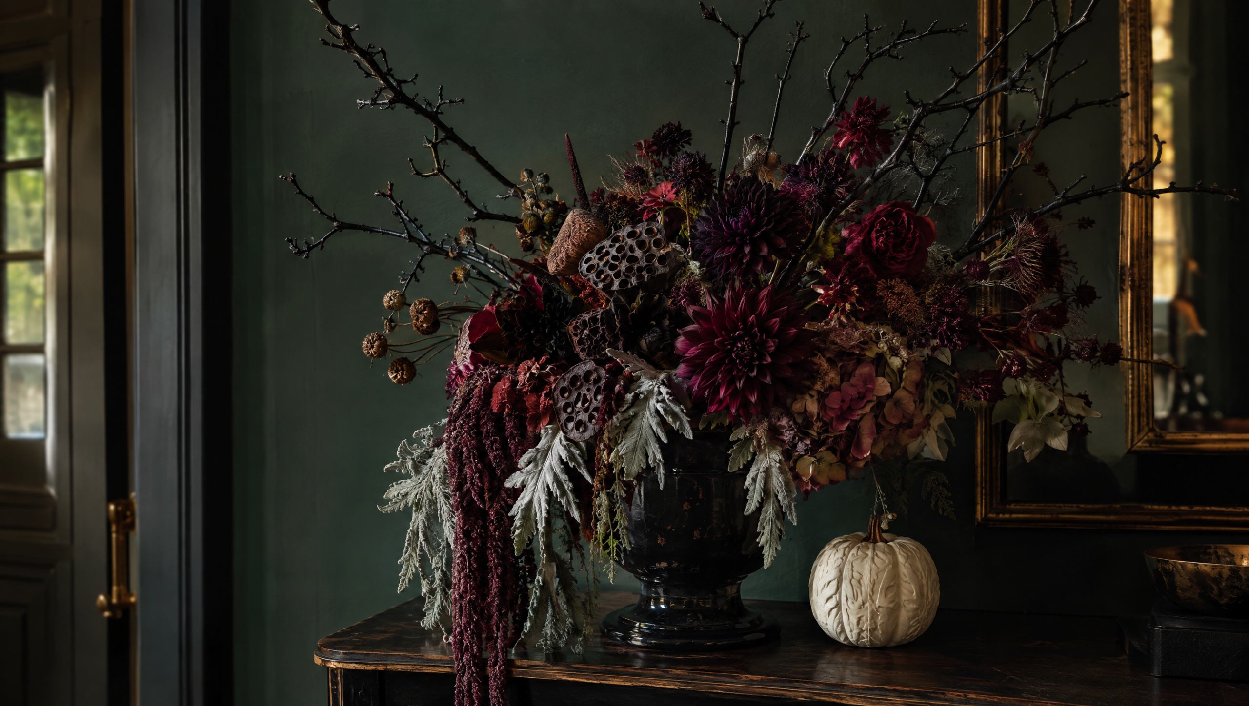 Dark floral Halloween arrangement with black branches and burgundy dried flowers