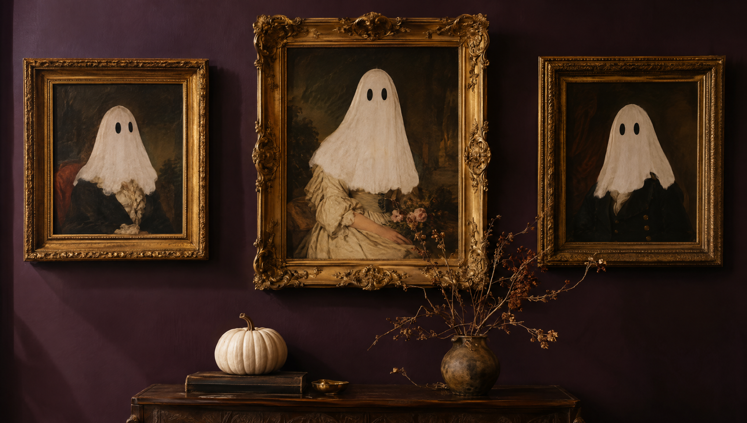 Thrifted gold frames painted with white ghosts as a Halloween gallery wall