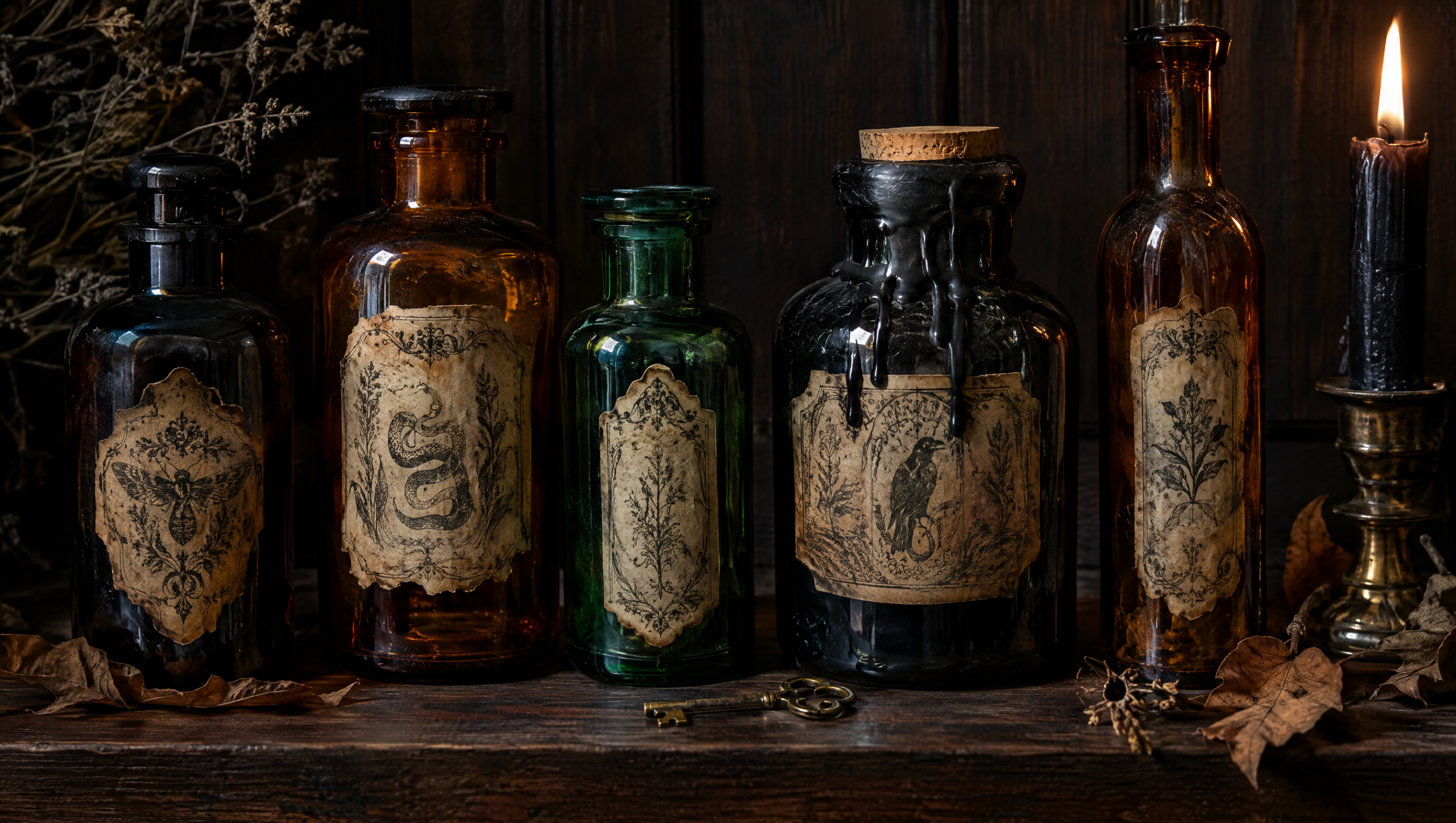 Aged apothecary potion bottles with wax drips on a dark shelf for Halloween