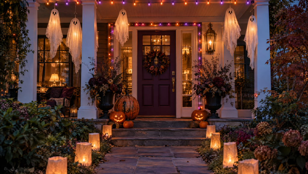Cute creepy Halloween decor on a porch at dusk with cheesecloth ghosts, vintage pumpkins and retro string lights