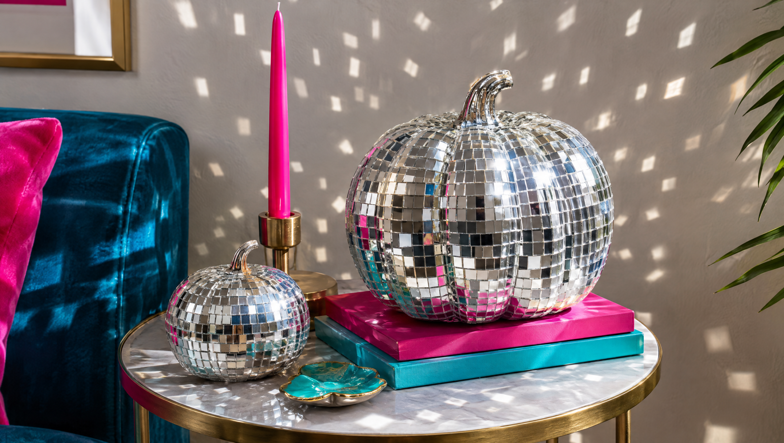 Mirror tile disco ball pumpkin scattering light on a side table