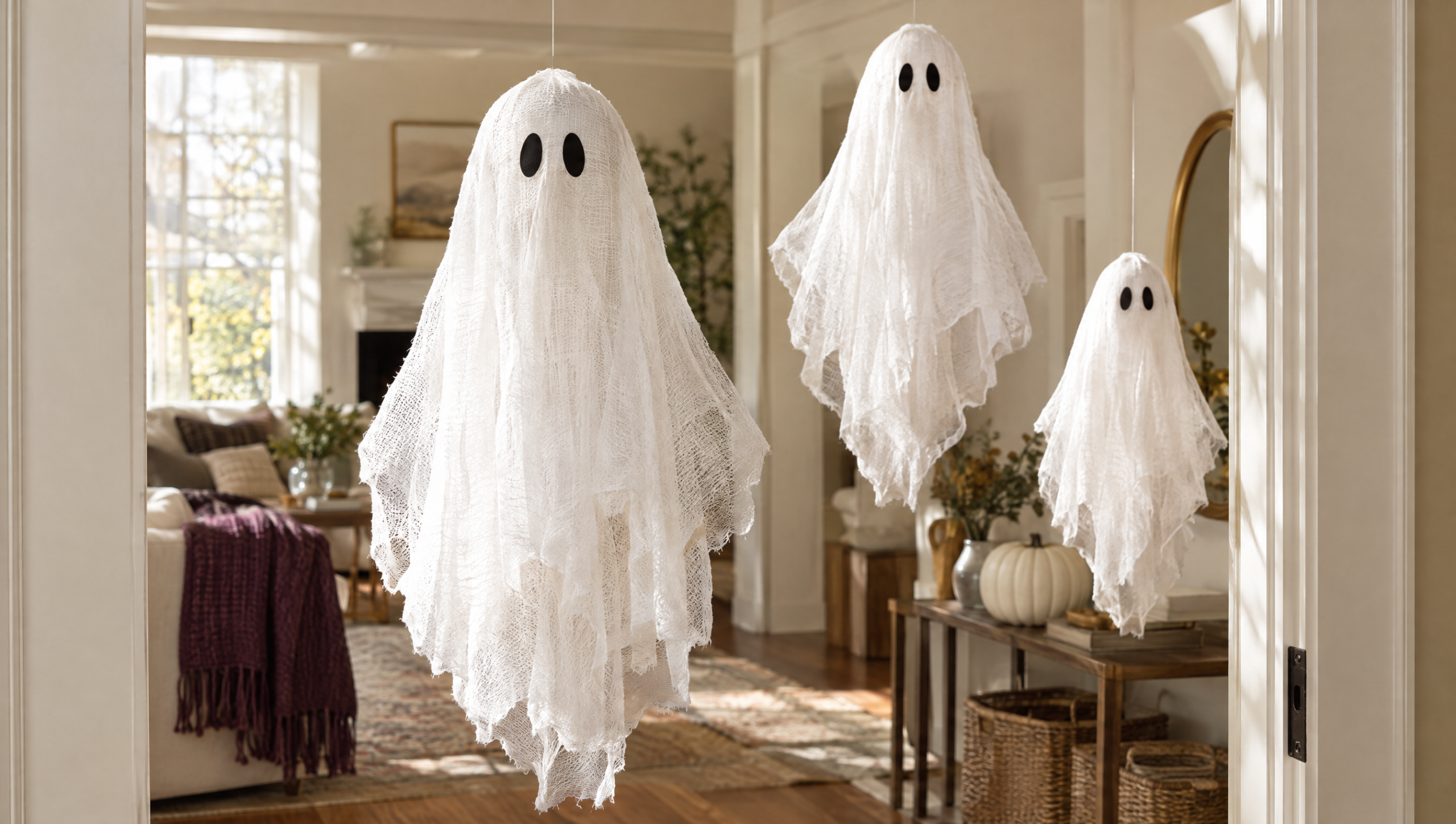 Three handmade cheesecloth ghosts floating in a doorway as cute creepy Halloween decor