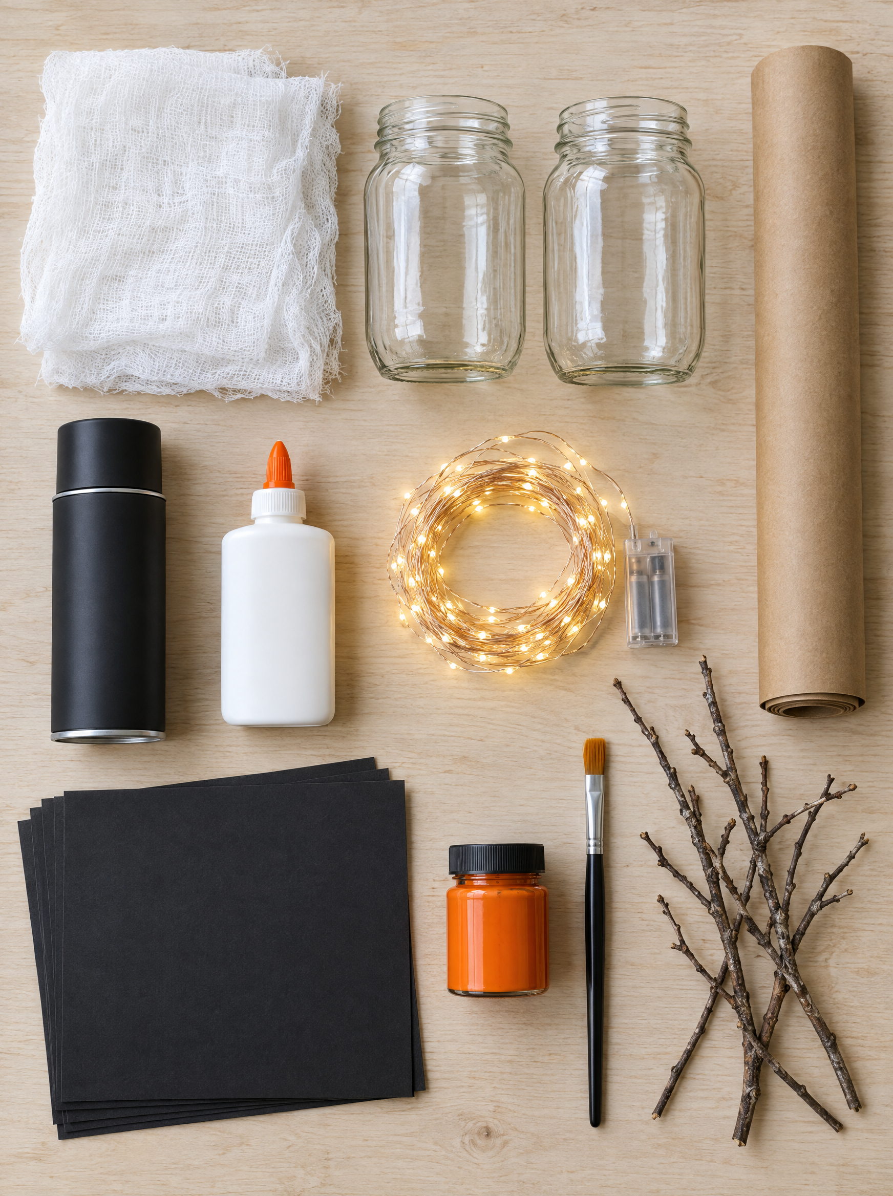 Flat lay of cute creepy Halloween decor supplies: cheesecloth, mason jars, kraft paper, black paint and fairy lights