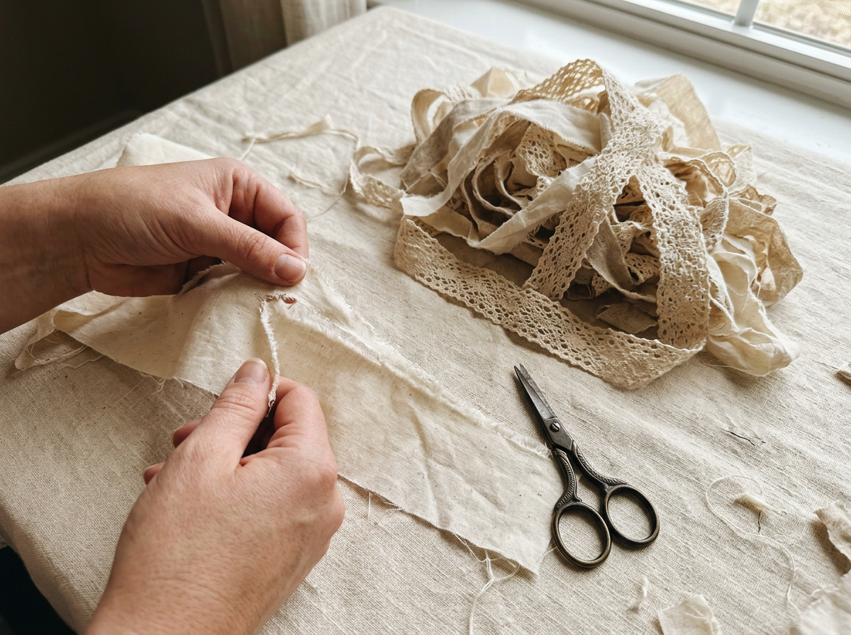Hands tearing a strip of cream cotton fabric beside a pile of torn fabric and lace strips