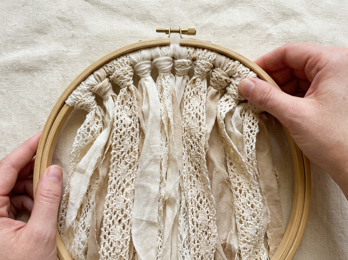 Hands pressing the outer ring of the embroidery hoop down over the row of fabric knots to hide them