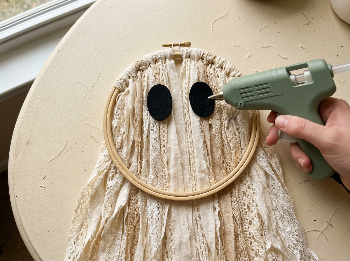 Gluing two black felt oval eyes near the top of the fabric on a boho ghost wall hanging