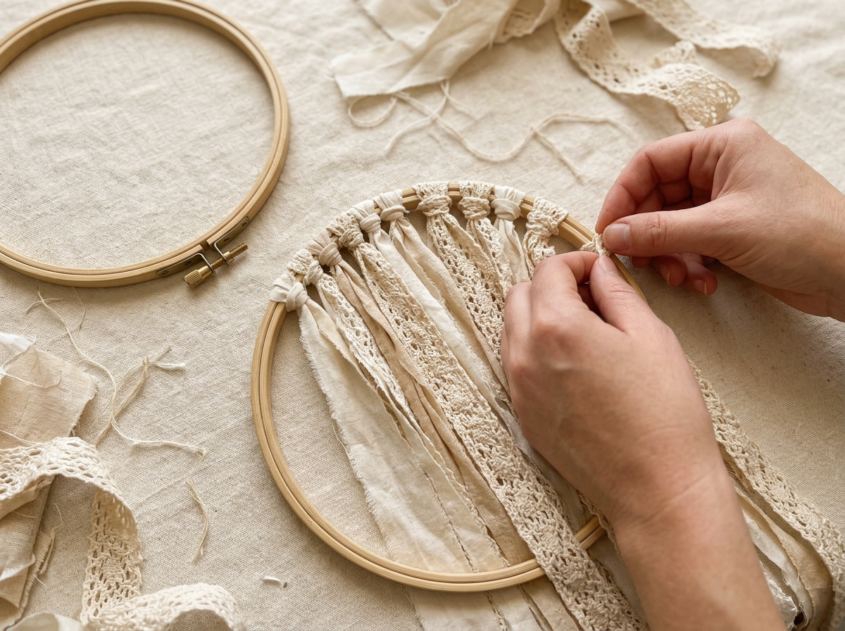 Fabric and lace strips knotted tightly across the top arc of the plain inner ring of an embroidery hoop, with the outer ring beside it