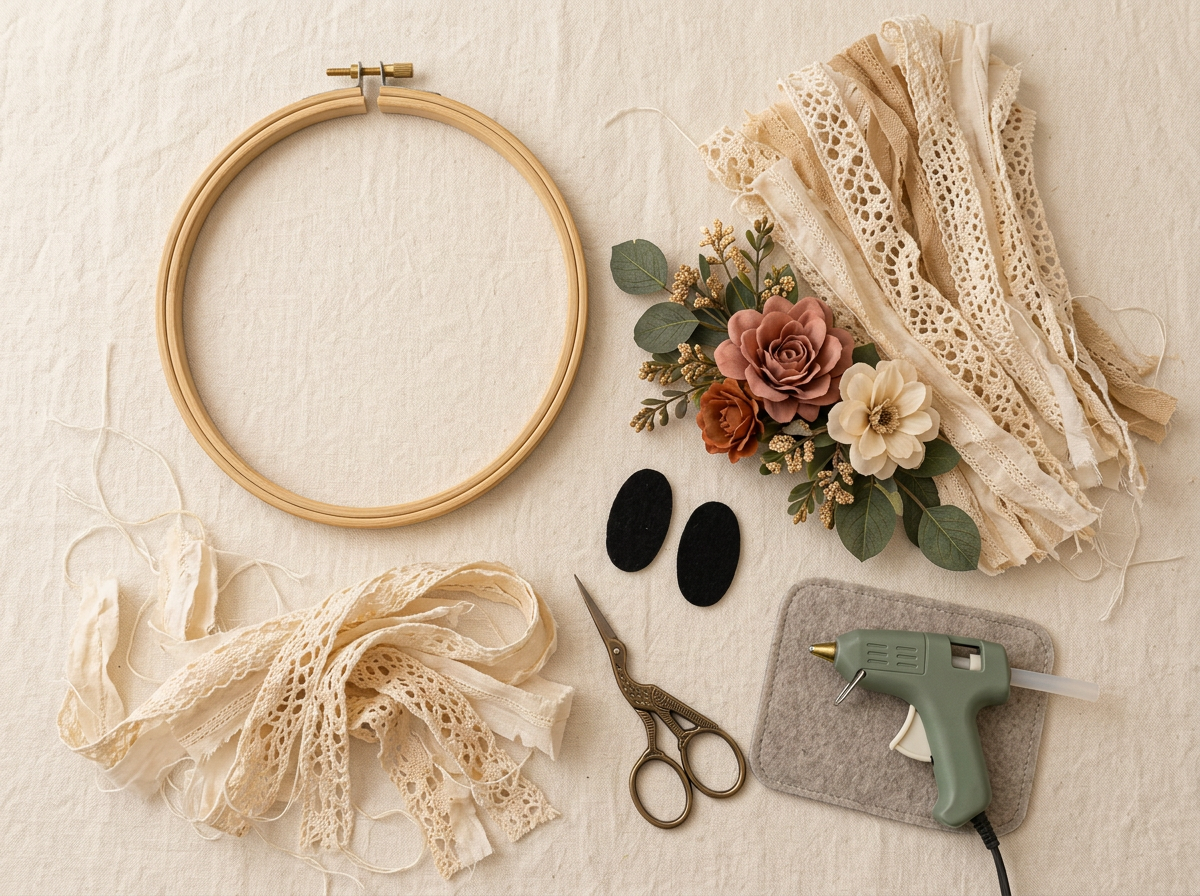 Boho ghost wall hanging supplies laid flat: bamboo embroidery hoop in two rings, cream fabric and lace strips, faux flowers, black felt ovals, scissors and a hot glue gun