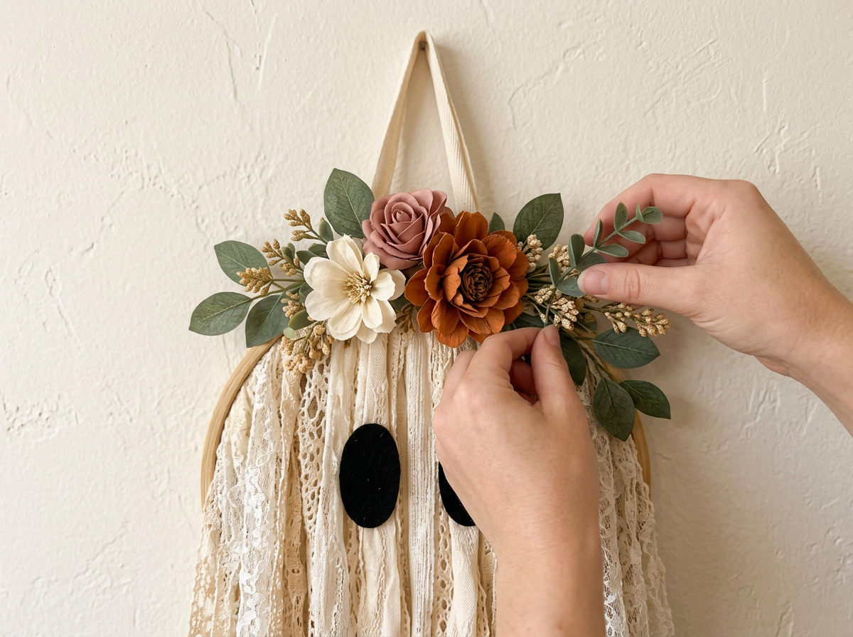 Finishing the floral cluster across the top of the hoop with rose, rust and cream blooms and eucalyptus