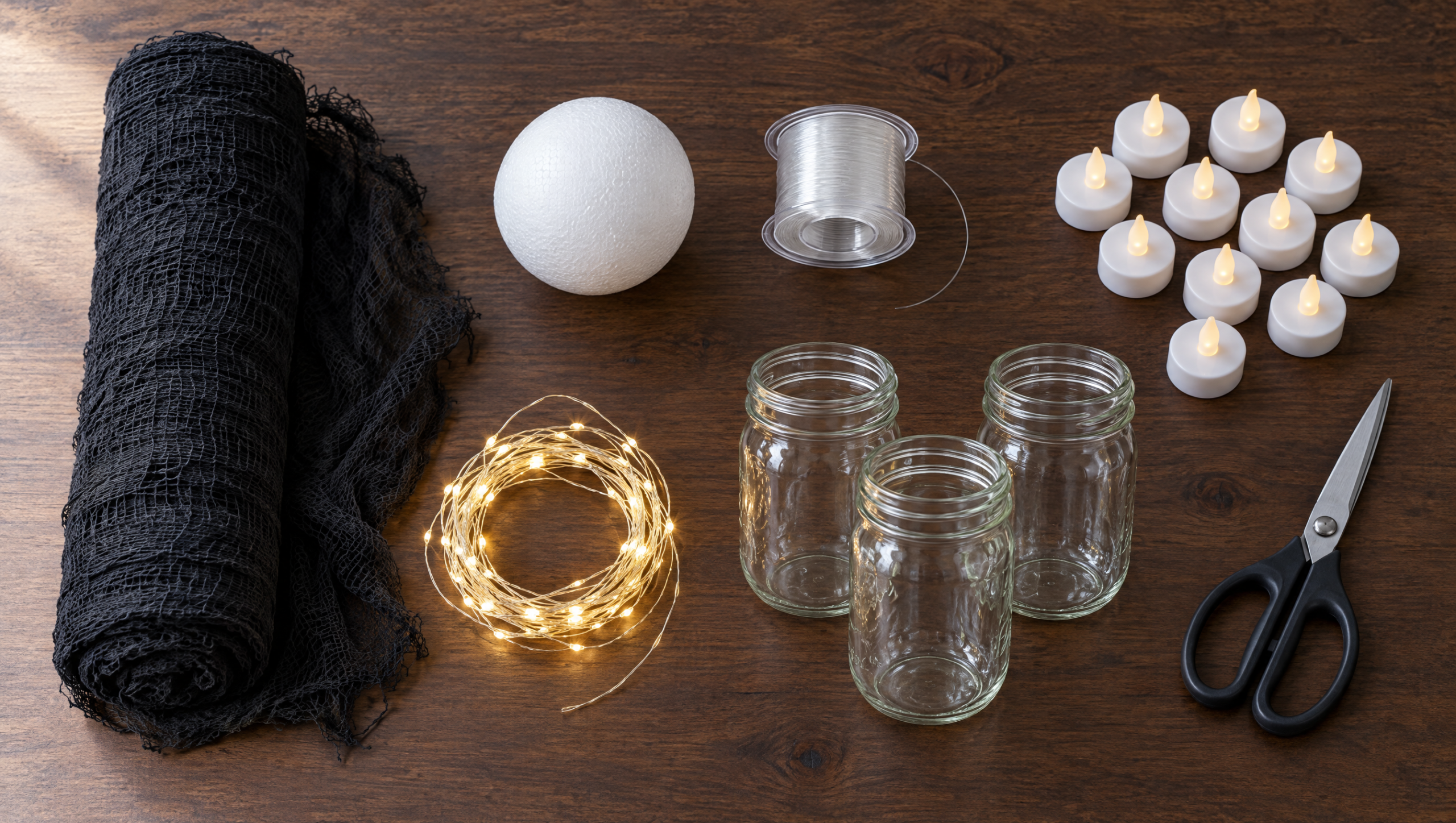 Halloween party supplies laid out: black cheesecloth, foam ball, fishing line, battery tea lights, fairy lights and mason jars