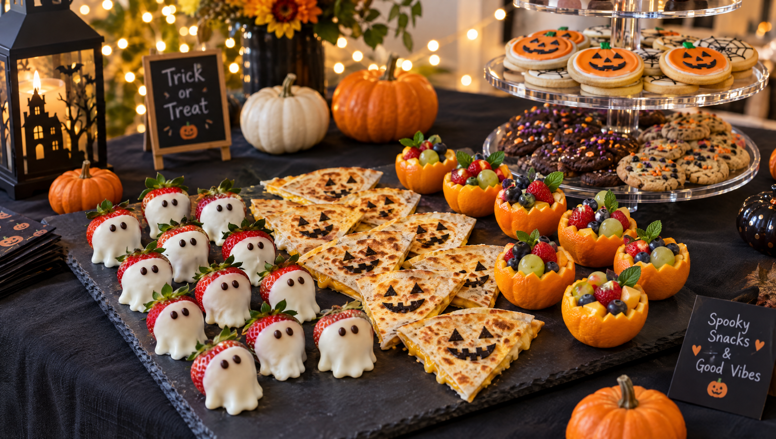 Halloween snack table with strawberry ghosts, jack-o-lantern quesadillas, orange fruit cups and a tiered cookie stand