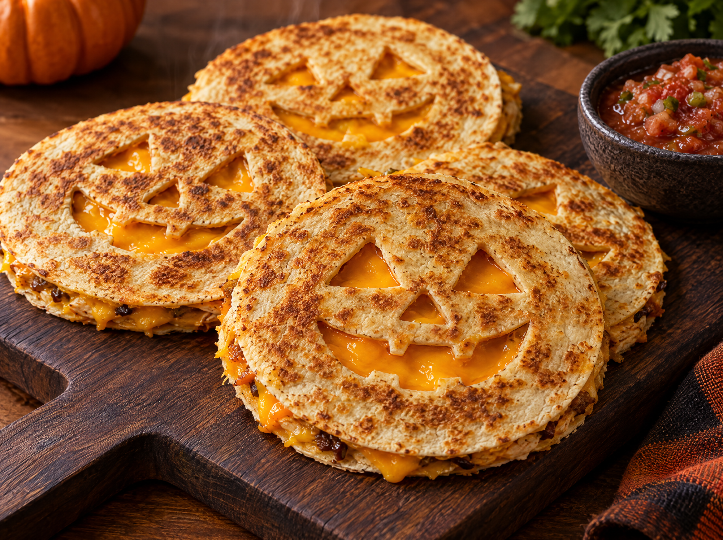 Halloween party hacks: jack-o-lantern quesadillas with melted cheese glowing through the cut faces