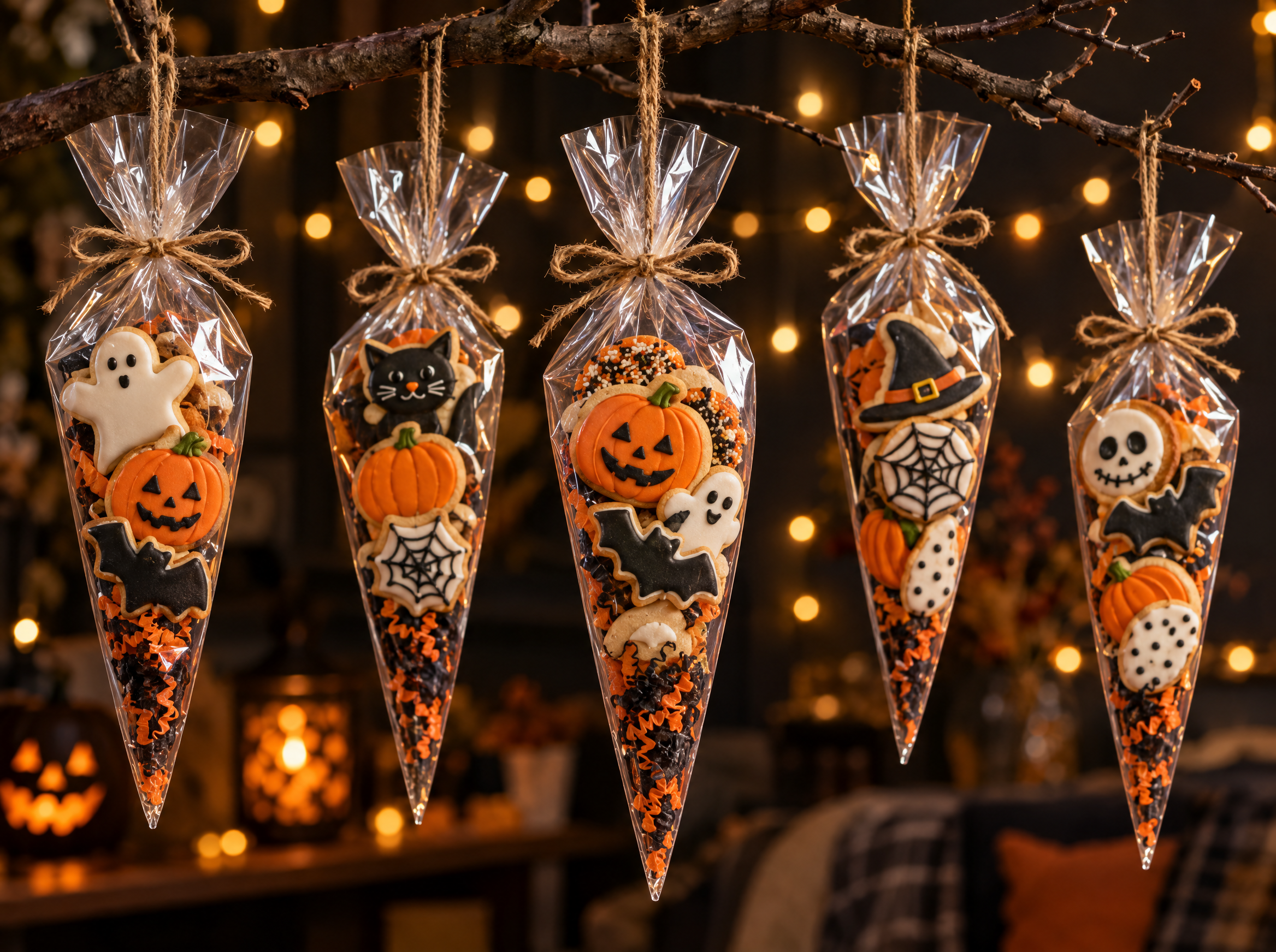 Halloween party hacks: cookie favor cones tied with twine and hung from a branch under fairy lights