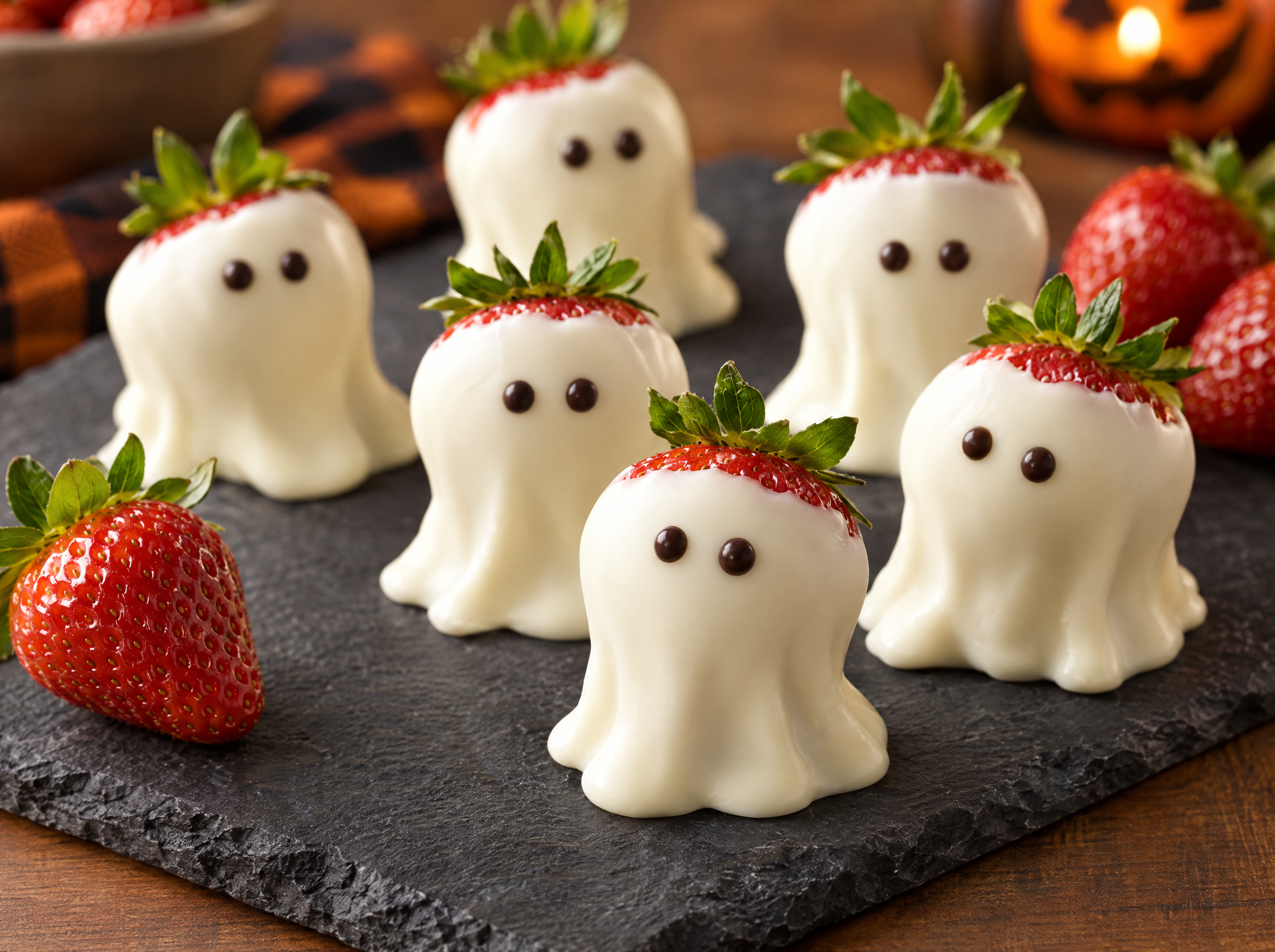 Halloween party hacks: white chocolate strawberry ghosts on a slate board