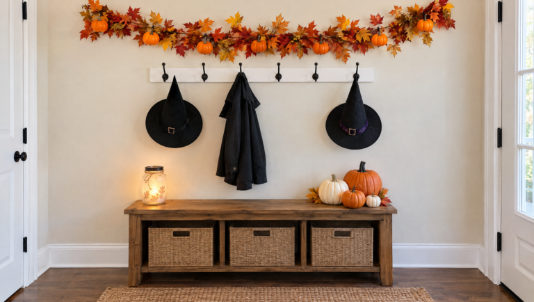 Halloween mudroom decor wall: coat hooks with witch hats, a full leaf and pumpkin garland above, labeled bins and pumpkins on the bench