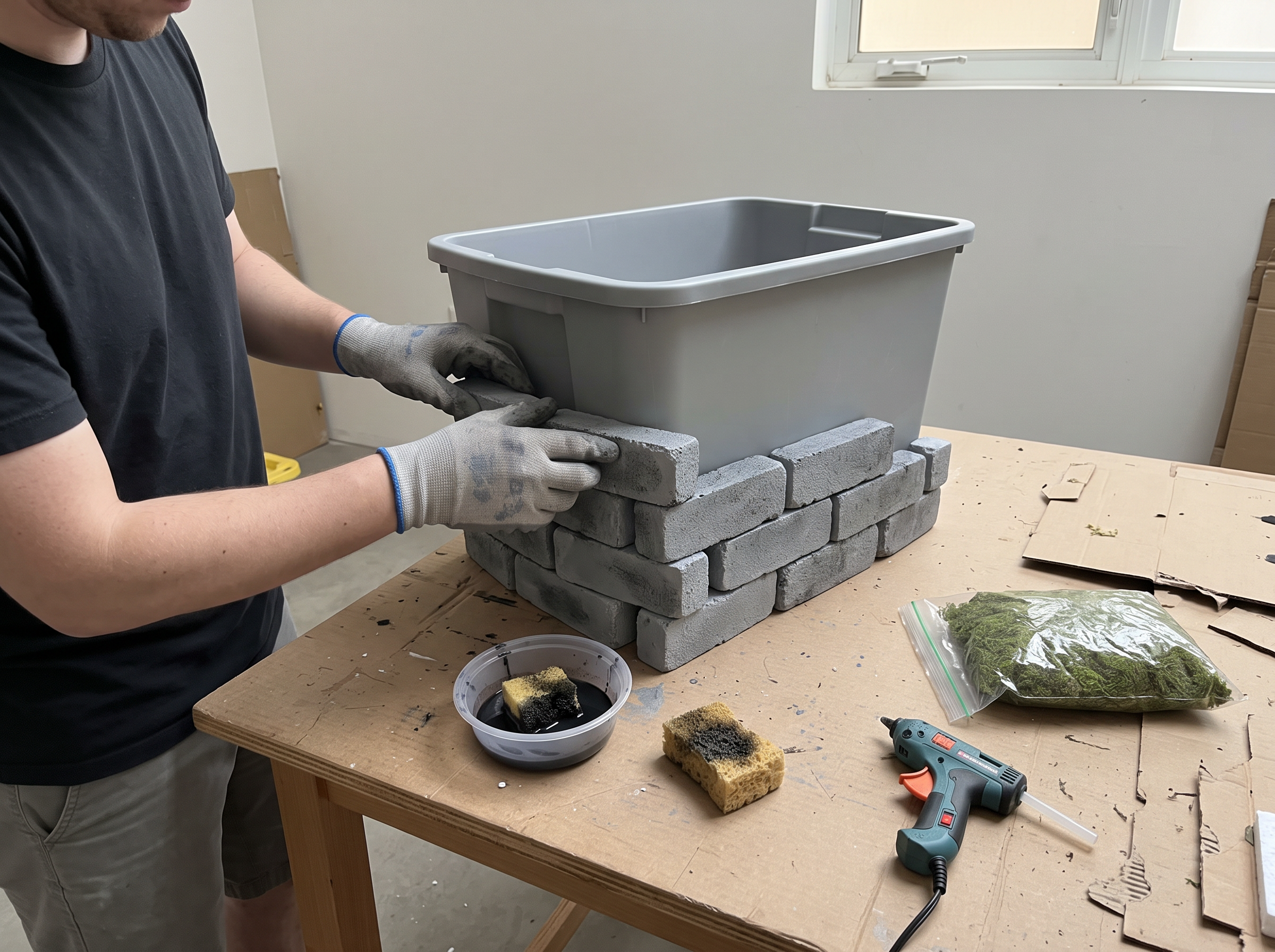 Gloved hands gluing painted foam bricks onto a plastic bin in a staggered pattern, with a sponge, black paint and moss nearby