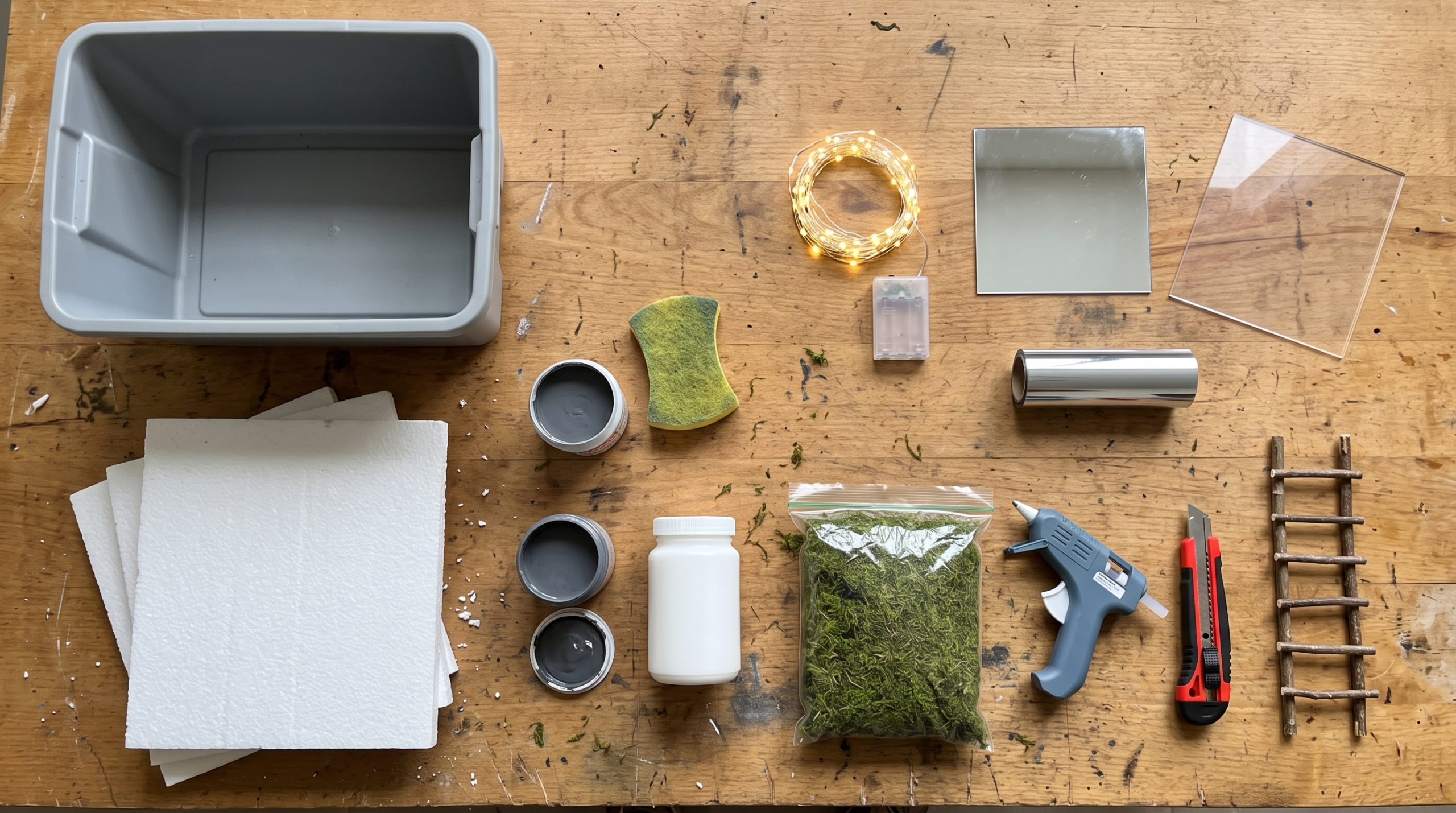 Halloween infinity well supplies laid flat: plastic bin, foam sheets, gray paint, sponge, sealer, battery fairy lights, mirror tile, clear acrylic sheet, mirror film, moss, glue gun and utility knife