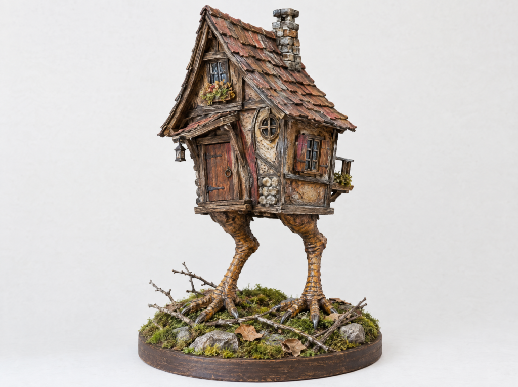 Finished Baba Yaga hut on a base dressed with moss, twigs, stones and dried leaves