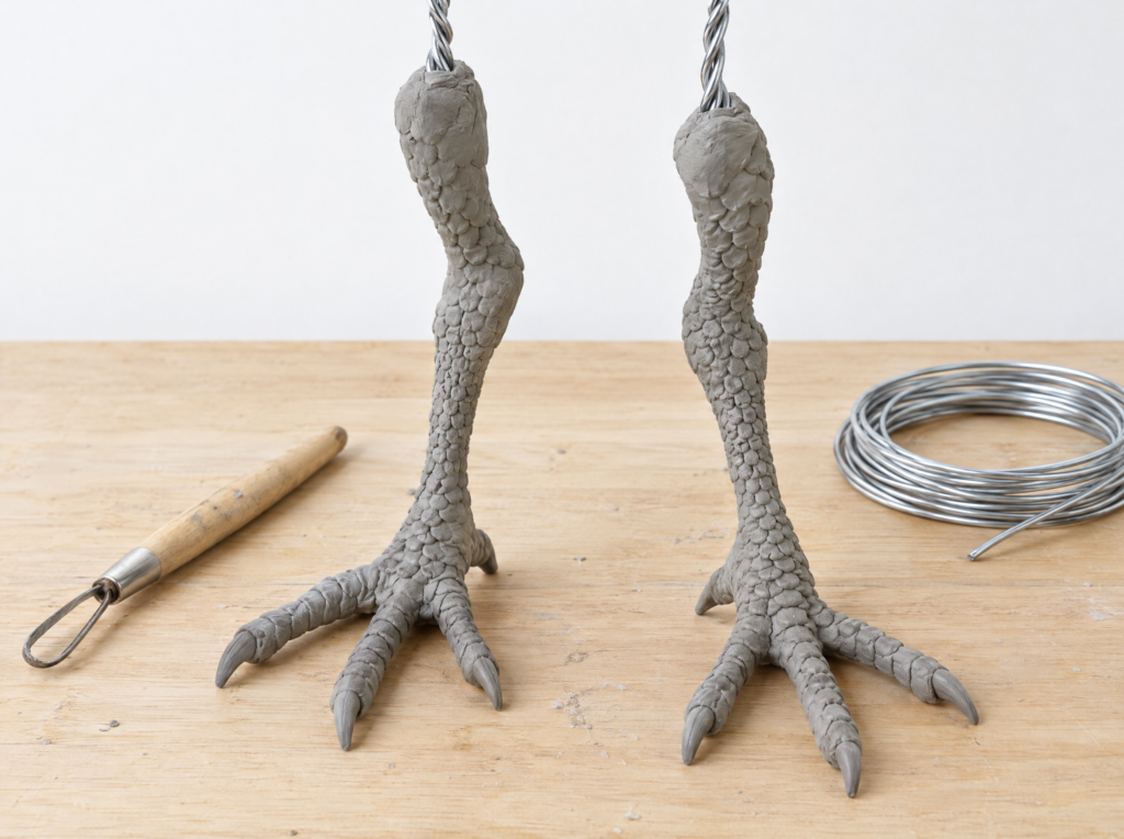 Two sculpted air-dry clay chicken legs with scale texture and clawed toes