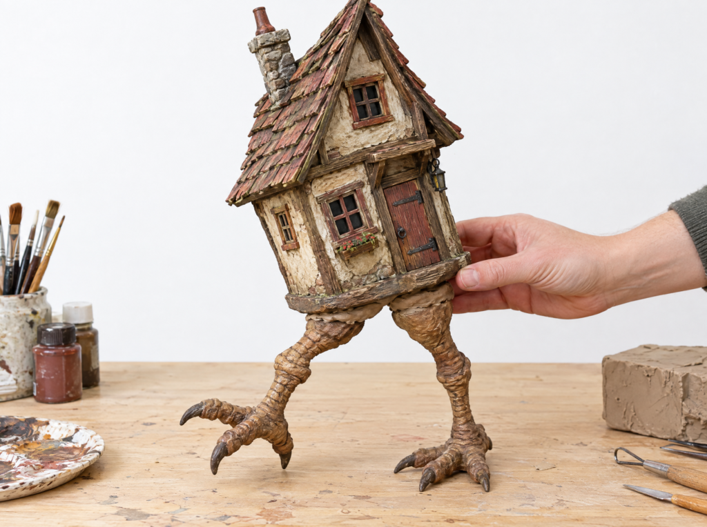 Painted cardboard hut set on clay chicken legs and tilted off balance