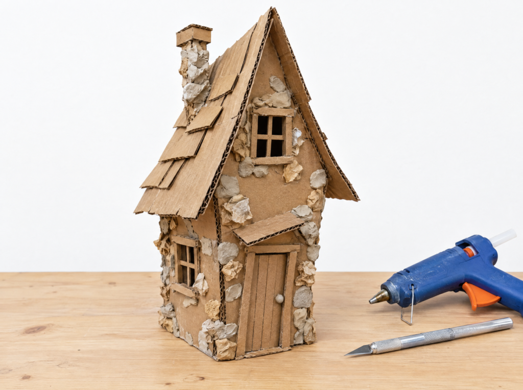 Crooked cardboard frame for a Baba Yaga hut on a workbench with a glue gun