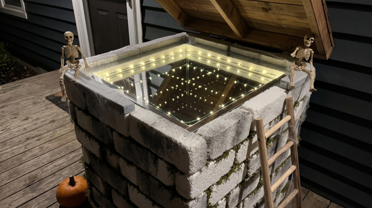 Halloween infinity well on a covered porch at night, foam brick walls with moss and a mirror lid showing a tunnel of fairy-light dots