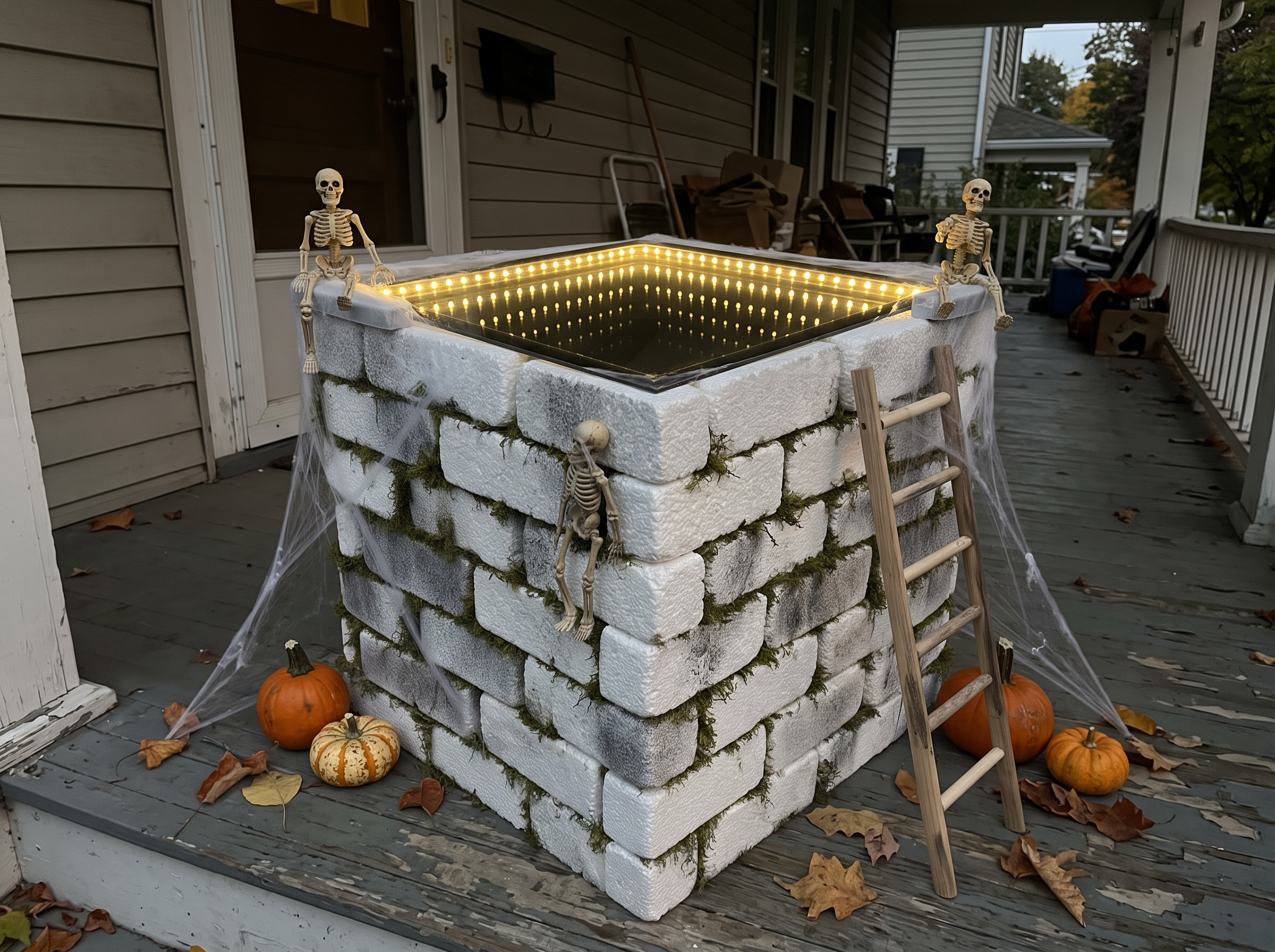 Finished Halloween infinity well on a covered porch at dusk with skeletons, cobwebs, pumpkins and a ladder leaning on the brick wall