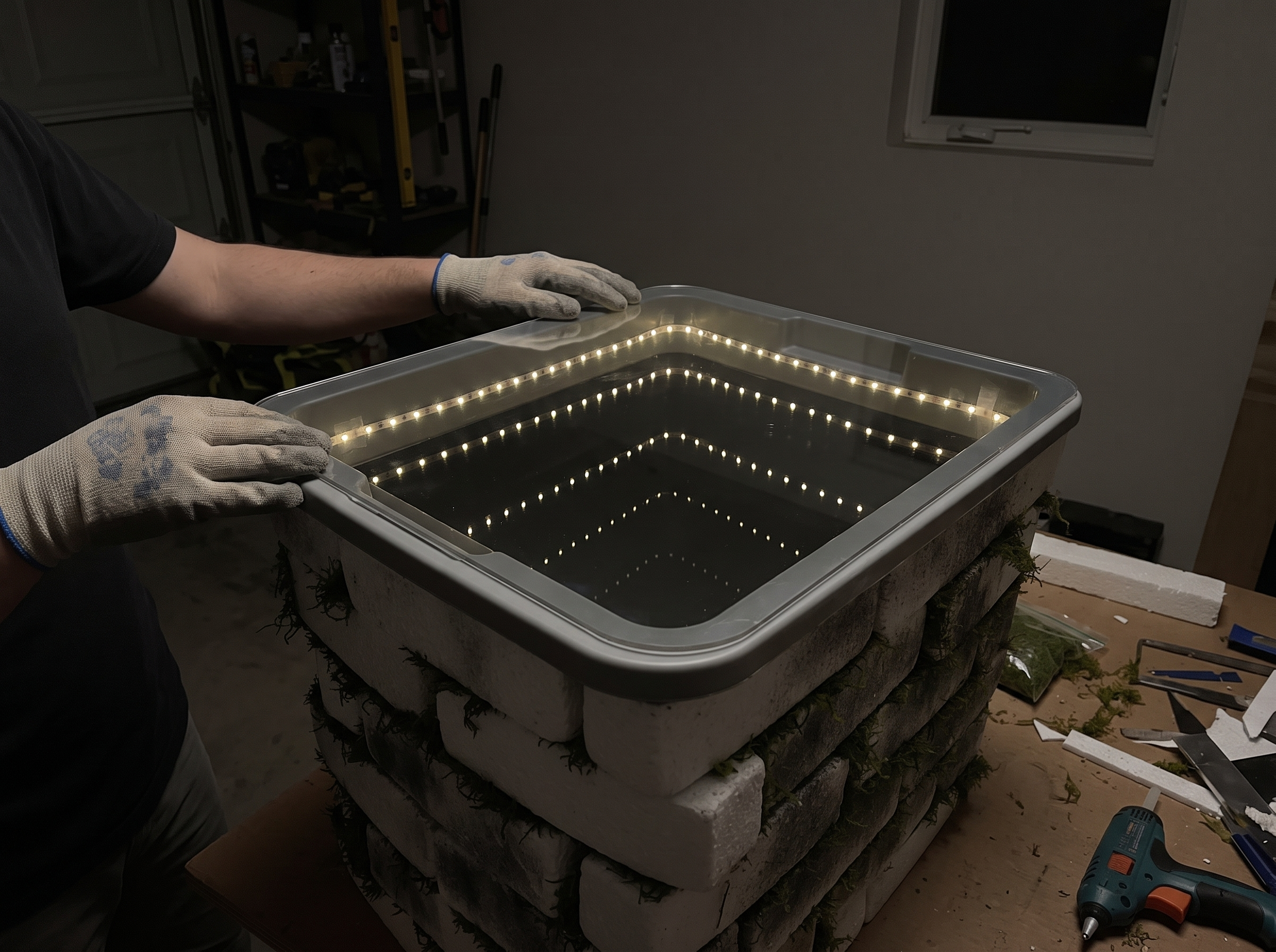 Gloved hands smoothing the mirror-film lid on the brick well as the ring of fairy lights repeats into a square tunnel