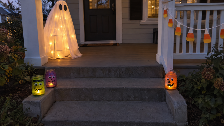DIY Halloween decorations on a front porch with a glowing tomato cage ghost and mason jar monsters