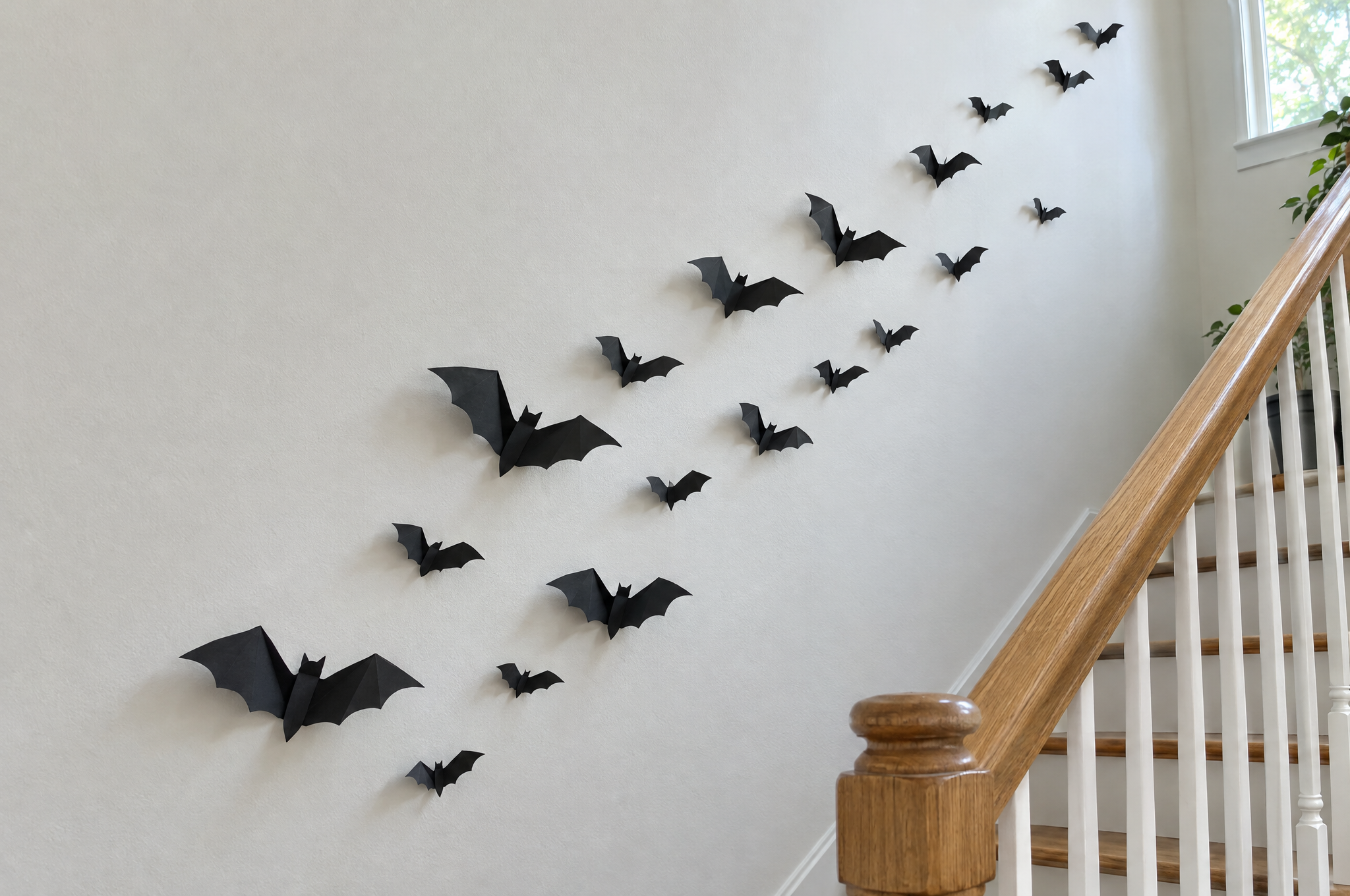 Black cardstock paper bats cut on a Cricut flying up a white wall beside the stairs