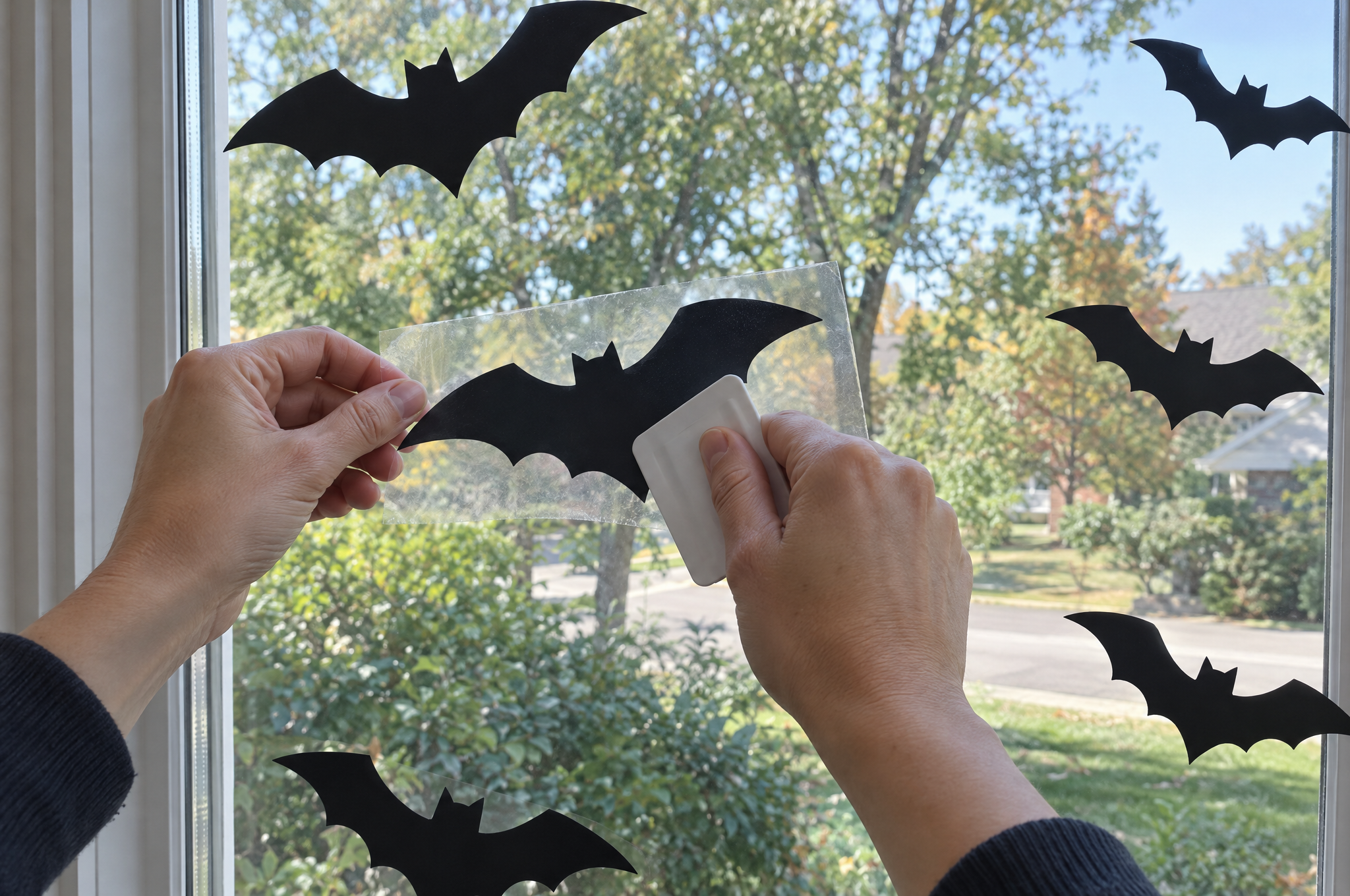 Pressing a removable vinyl bat onto the inside of a window with a scraper