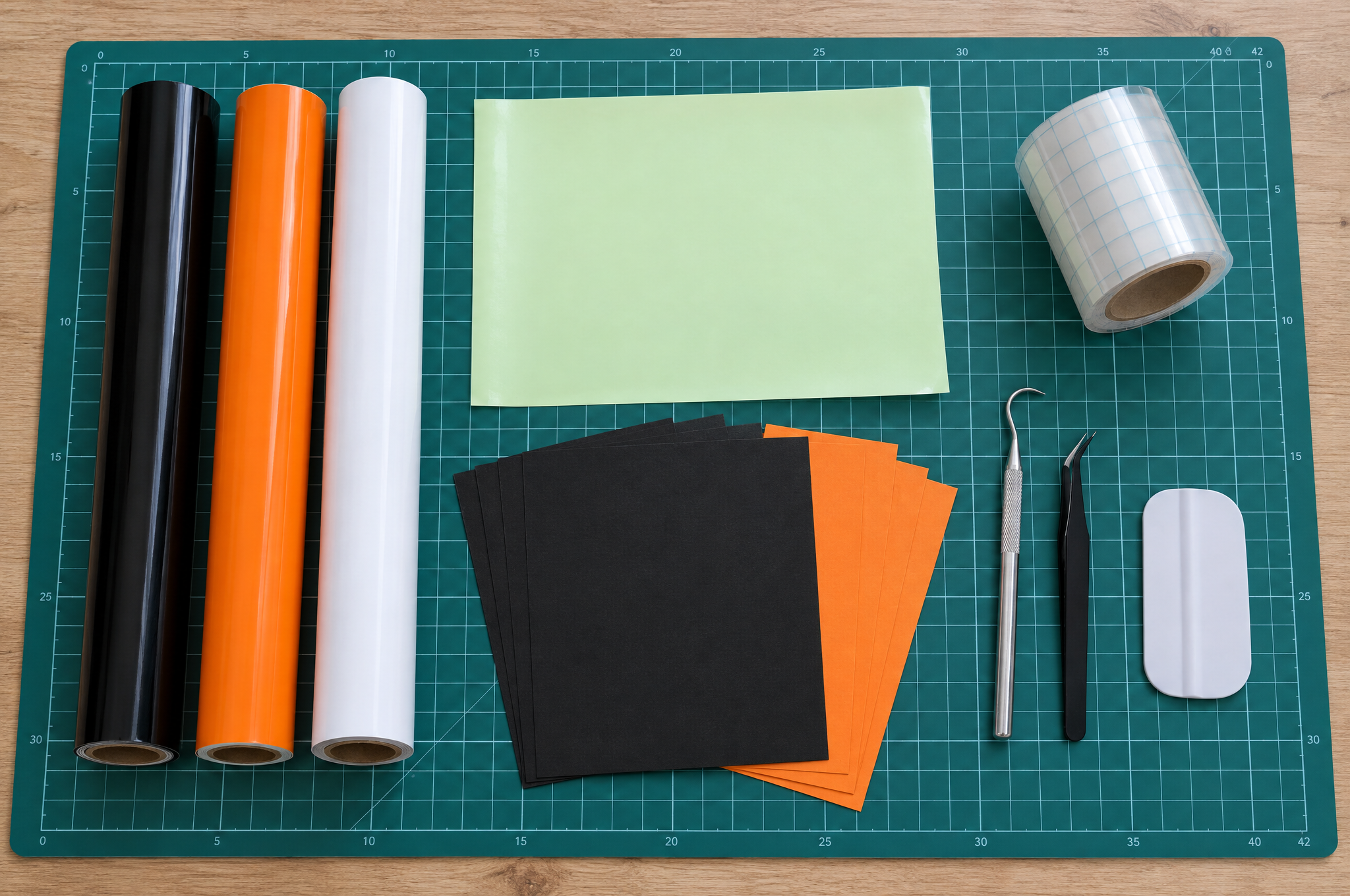 Supplies for Cricut Halloween projects: cutting mat, black, orange and white vinyl, glow iron-on, cardstock, transfer tape and weeding tools