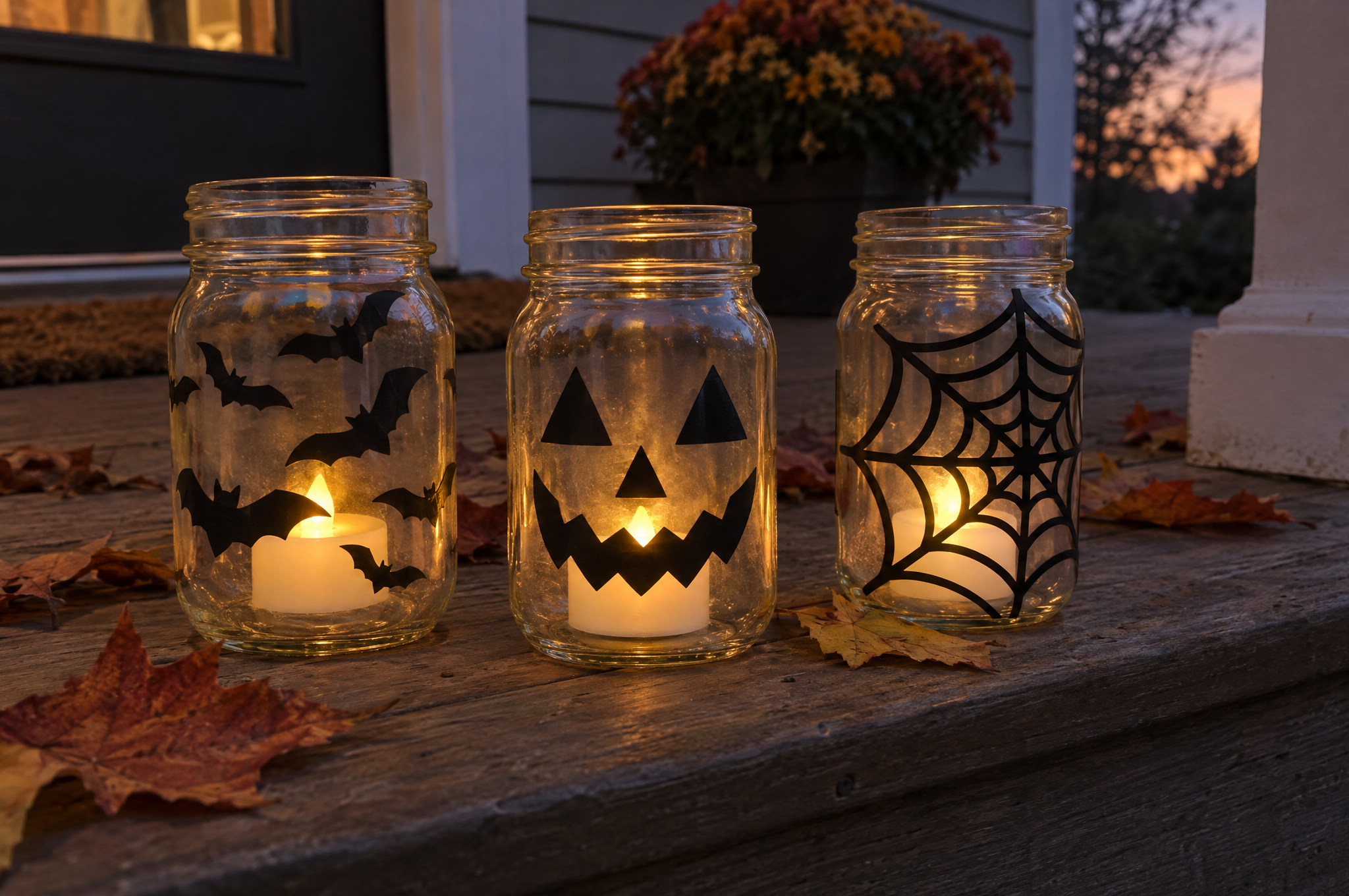 Mason jar lanterns with black vinyl bats, a jack-o'-lantern face and a spiderweb, lit by LED tea lights on a porch step