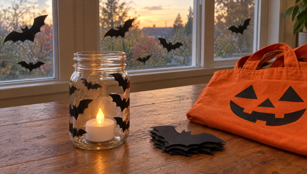 Halloween Cricut ideas on a table: vinyl bat window silhouettes, a bat jar lantern with an LED tea light, paper bats and an iron-on pumpkin tote
