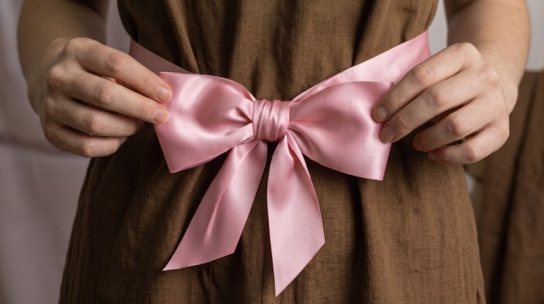 How to tie a perfect bow: hands fluffing a finished pink satin ribbon bow at the waist