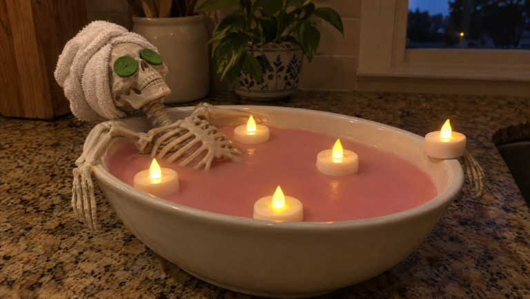 Skeleton spa day candle with a mini skeleton relaxing in pink wax bathwater, a towel on its head and flameless tea lights glowing