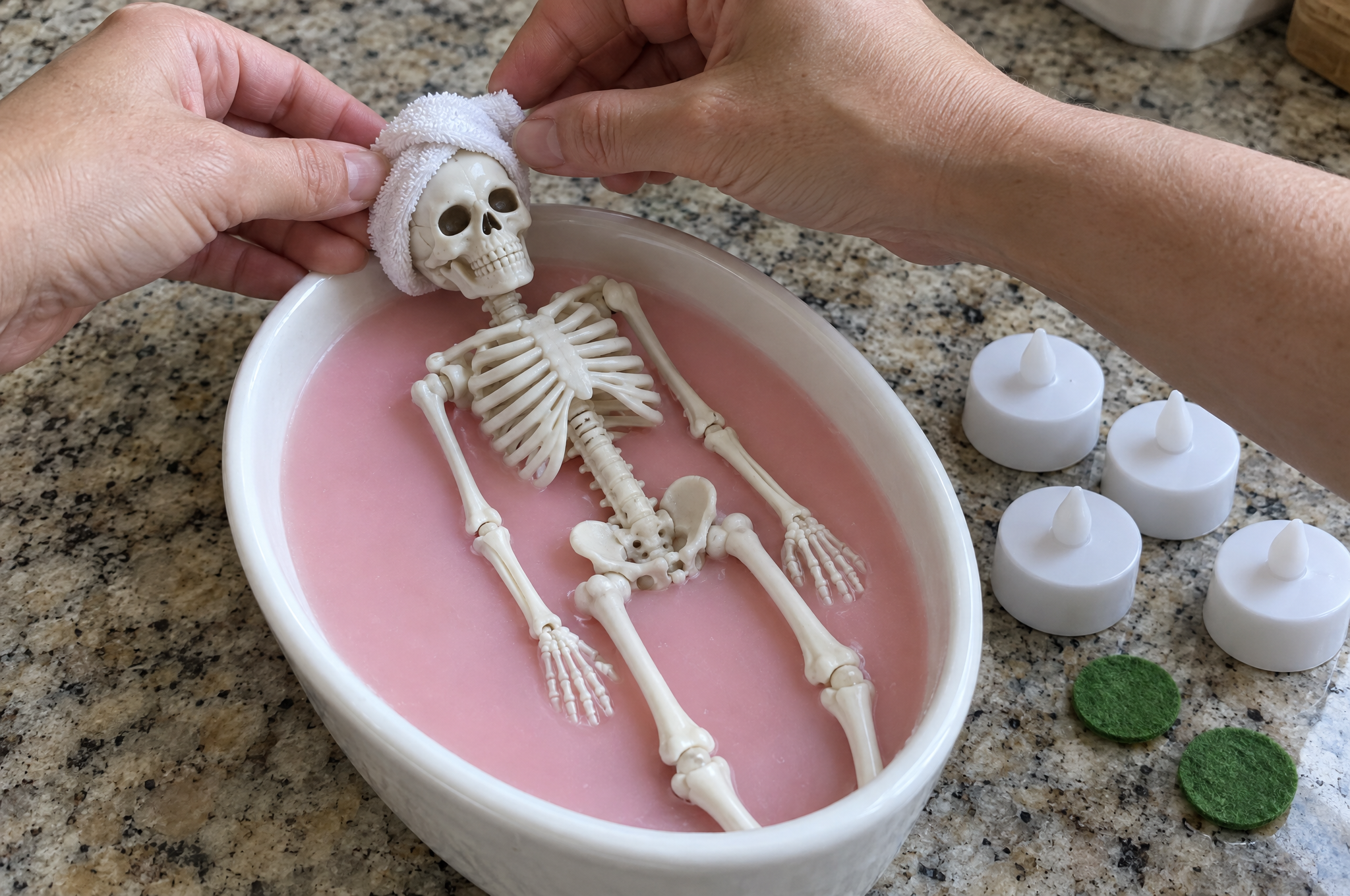Wrapping a tiny spa towel around the skeleton's head