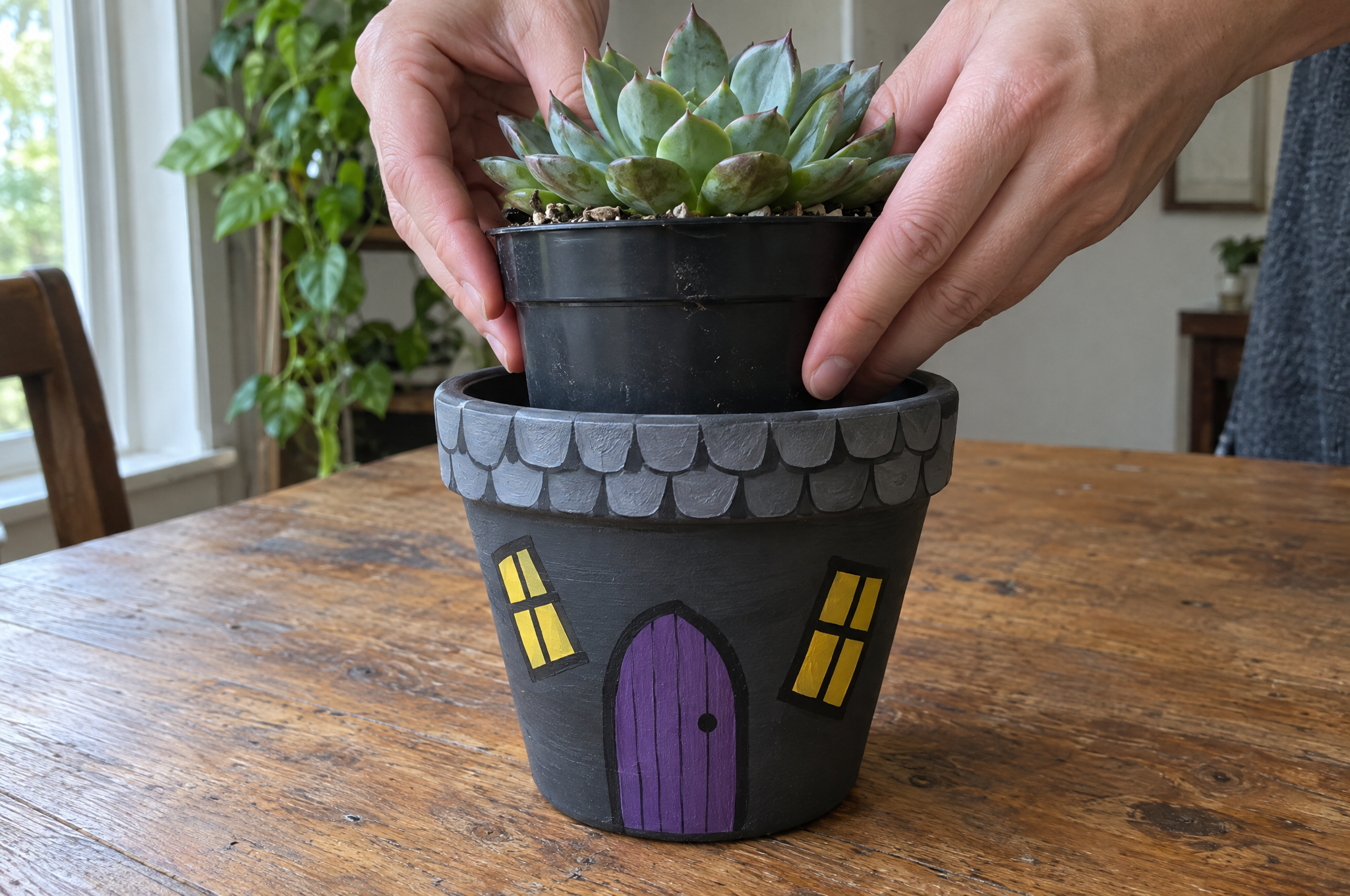 Setting a succulent in its nursery pot inside a finished haunted house planter