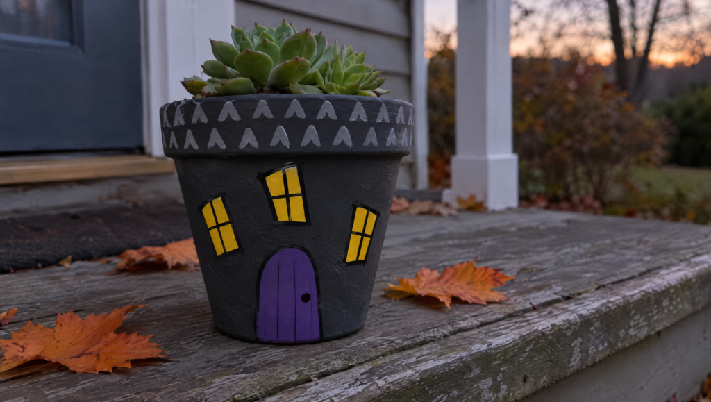 Haunted house planter made from a terracotta pot, painted dark gray with a purple door and glowing yellow windows, holding a succulent on a porch step