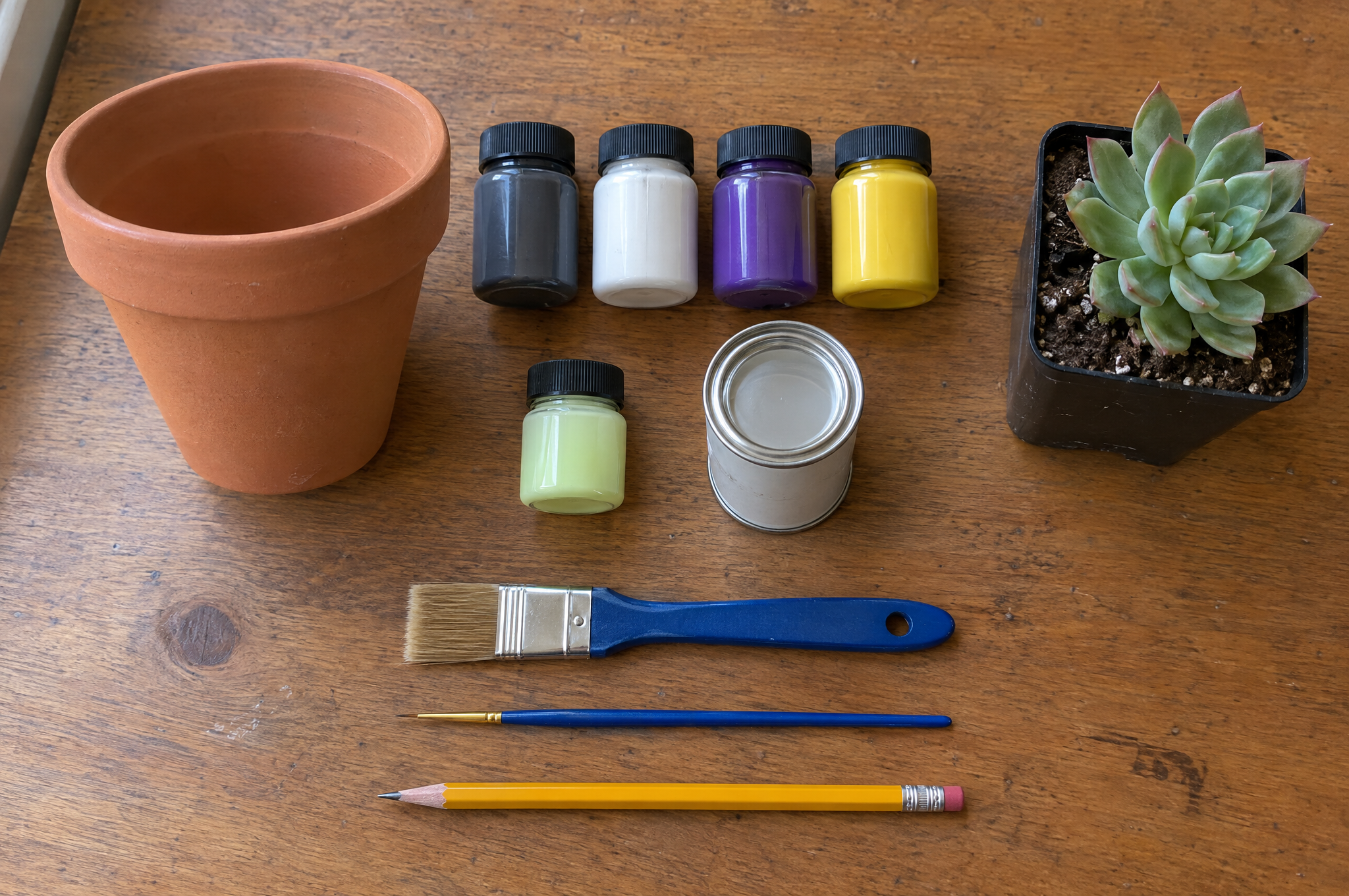 Haunted house planter supplies: terracotta pot, acrylic paints, glow paint, brush-on sealer, brushes, pencil and a potted succulent