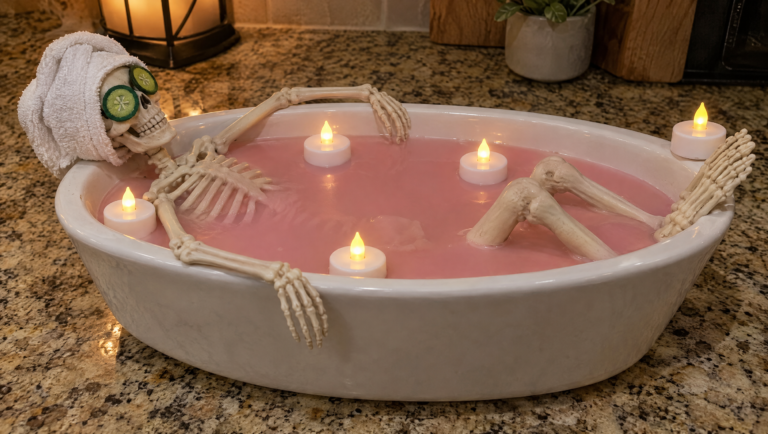 Skeleton spa day candle: a mini skeleton relaxing in an oval dish of pink wax with its arms over the rim, a towel on its head, cucumber slices on its eyes and flameless tea lights