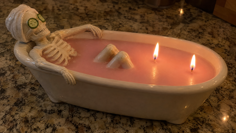 Skeleton spa day candle with a ceramic skeleton relaxing in pink wax and two lit wicks