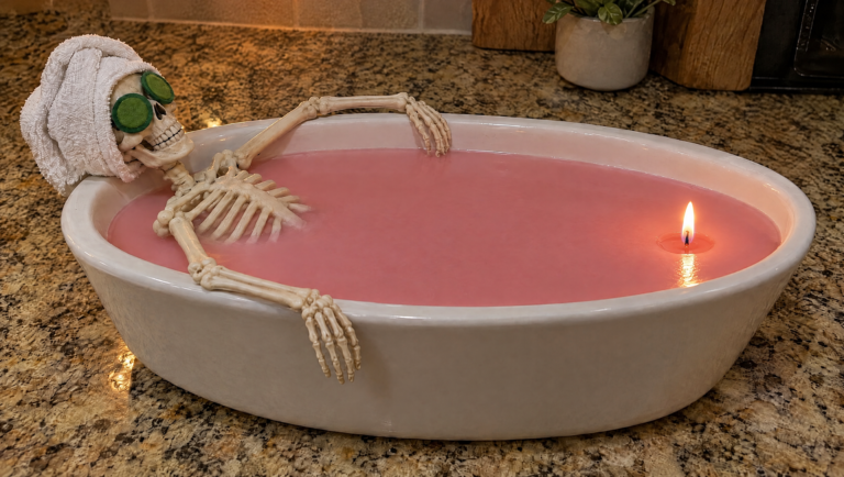 Skeleton spa day candle with a plastic skeleton relaxing in pink wax in a ceramic dish and one lit wick at the far end