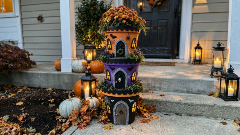 Haunted house planter made from three stacked terracotta pots painted black, purple and orange with tiny doors and glowing windows on a porch step